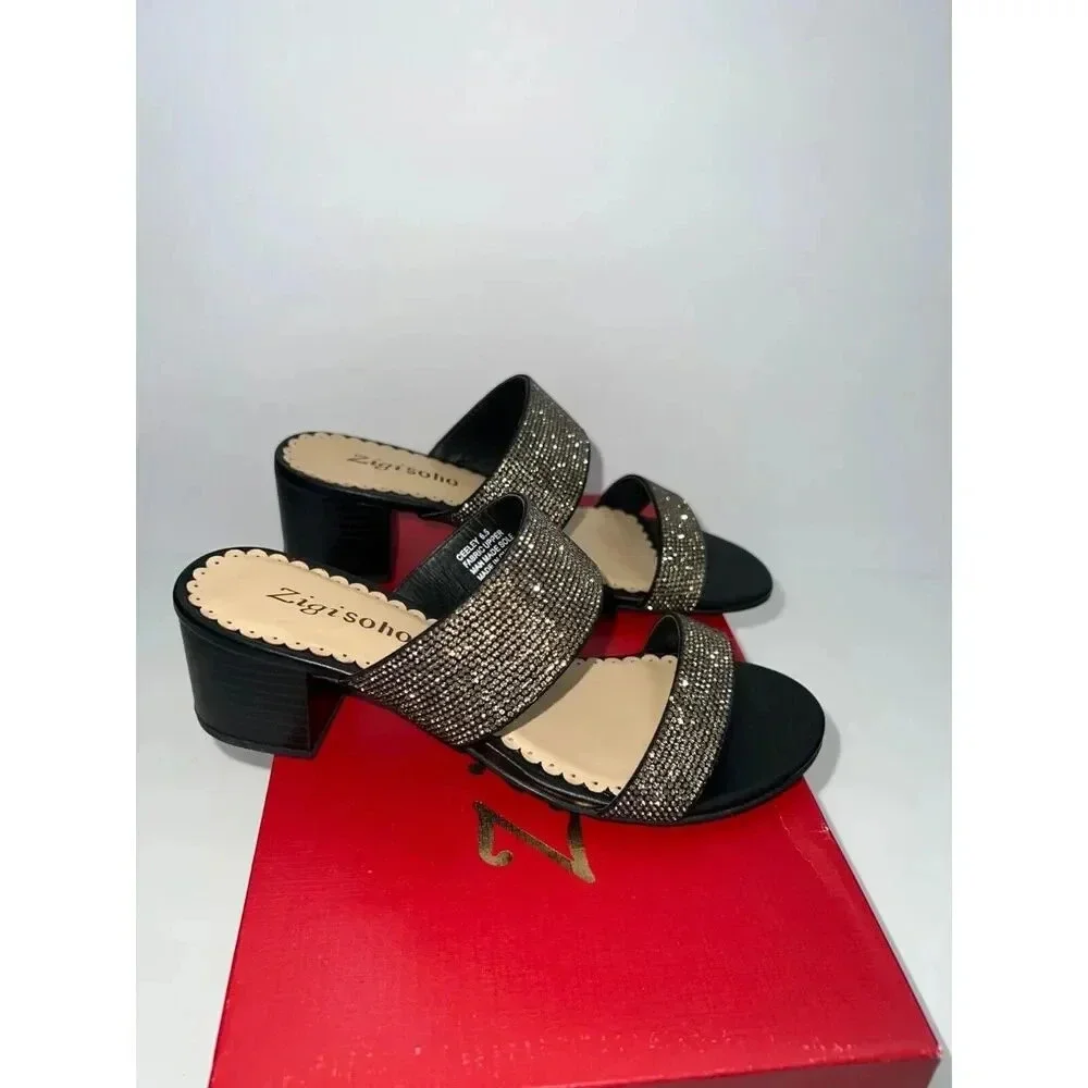 Zigi Soho ceeley black sandal heels rhinestone jeweled slides size 6.5